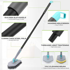 3 in 1 Shower Cleaning Brush - 180° Rotatable Bathroom Cleaning Brush with 50 inch Long Handle, Scrubber Brush Cleaner Tool for Shower Bathtub Tile Wall Floor Cleaning (Include 4 Brush Heads) (Grey)