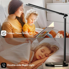 Desk Lamps for Home Office, Eye-Care LED Desk Lamp with USB Charging Port, Touch Control Table Lamp with Night Light Mode, 60 min Timer Desktop Lamp for College Dorm Room Bedroom