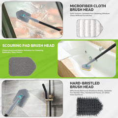 3 in 1 Shower Cleaning Brush - 180° Rotatable Bathroom Cleaning Brush with 50 inch Long Handle, Scrubber Brush Cleaner Tool for Shower Bathtub Tile Wall Floor Cleaning (Include 4 Brush Heads) (Grey)