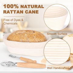 Banneton Bread Proofing Basket 10" Oval Set of 2 with Sourdough Bread Baking Supplies, Bread Lame + Linen Liner + Dough Scraper + Basting Brush for Tool Kit Home Ideal Bread Making Bakers