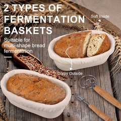 Banneton Bread Proofing Basket 10" Oval Set of 2 with Sourdough Bread Baking Supplies, Bread Lame + Linen Liner + Dough Scraper + Basting Brush for Tool Kit Home Ideal Bread Making Bakers